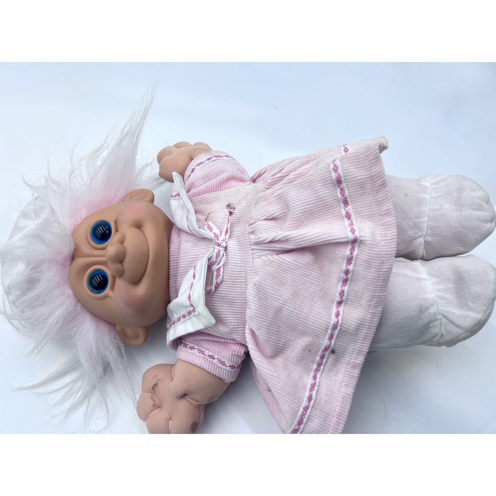 Vintage Plush Troll Doll Pink Hair Blue Eyes Pink Corduroy Dress 14 Inch 90s Toy - Picture 1 of 5